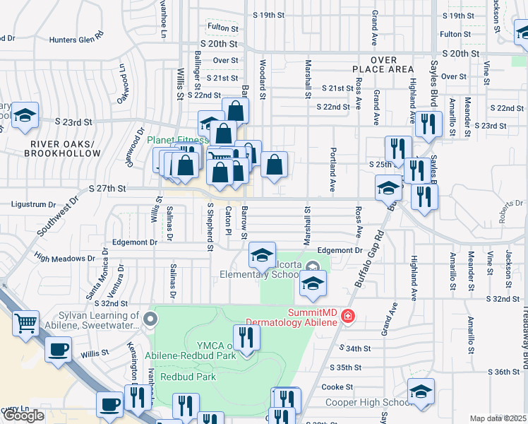 map of restaurants, bars, coffee shops, grocery stores, and more near 3002 South 28th Street in Abilene