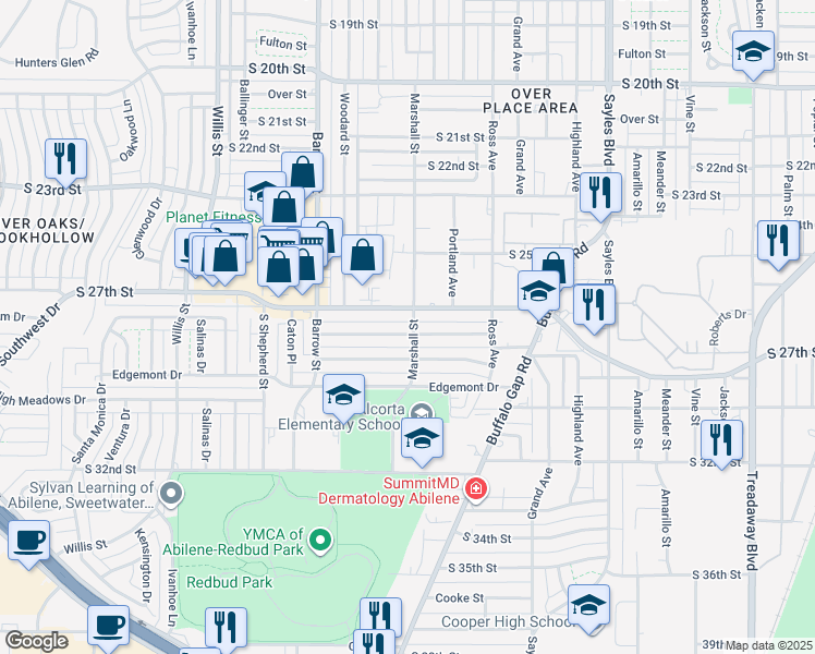 map of restaurants, bars, coffee shops, grocery stores, and more near 2802 South 28th Street in Abilene