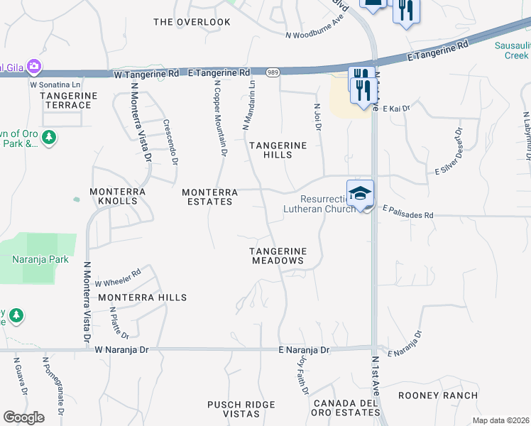 map of restaurants, bars, coffee shops, grocery stores, and more near 11730 North Mandarin Lane in Tucson