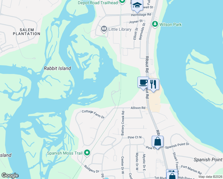 map of restaurants, bars, coffee shops, grocery stores, and more near 3 Rising Tide Drive in Beaufort