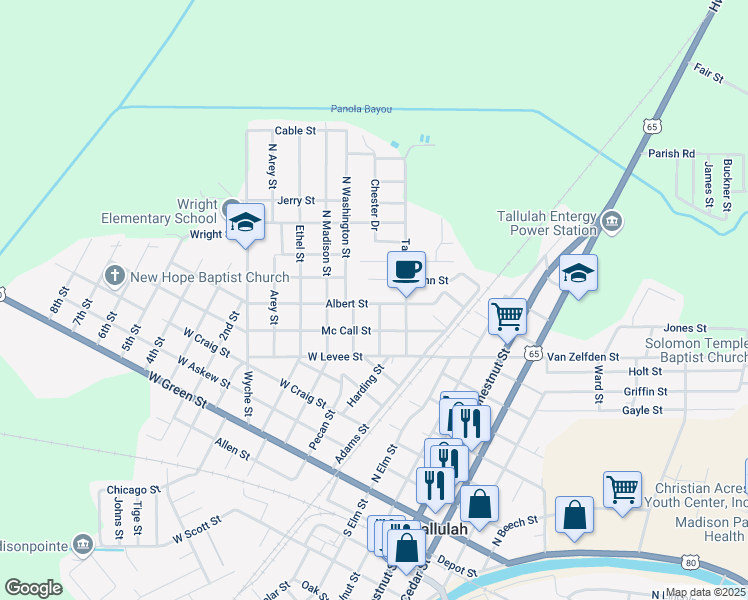 map of restaurants, bars, coffee shops, grocery stores, and more near 501-517 Jackson Street in Tallulah