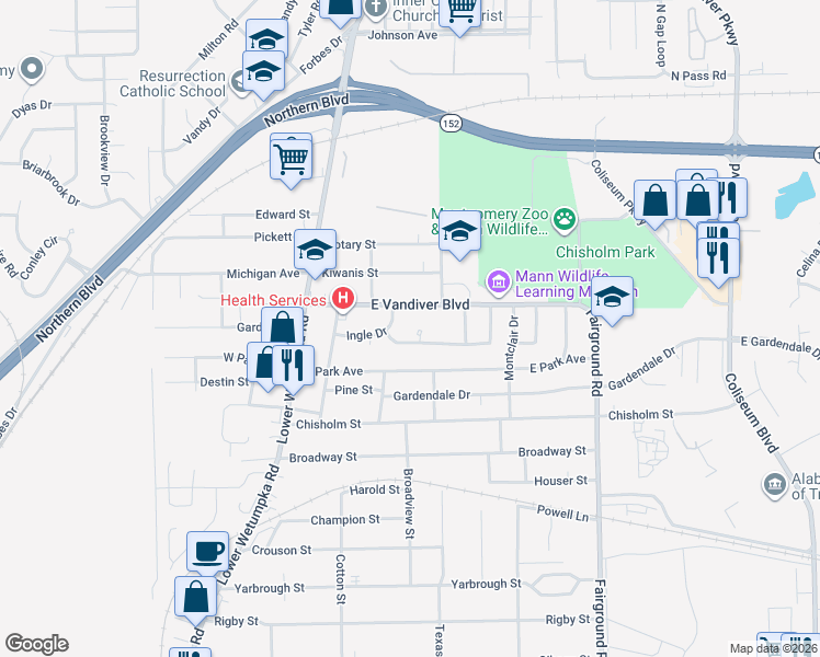map of restaurants, bars, coffee shops, grocery stores, and more near 217 Shelly Lane in Montgomery