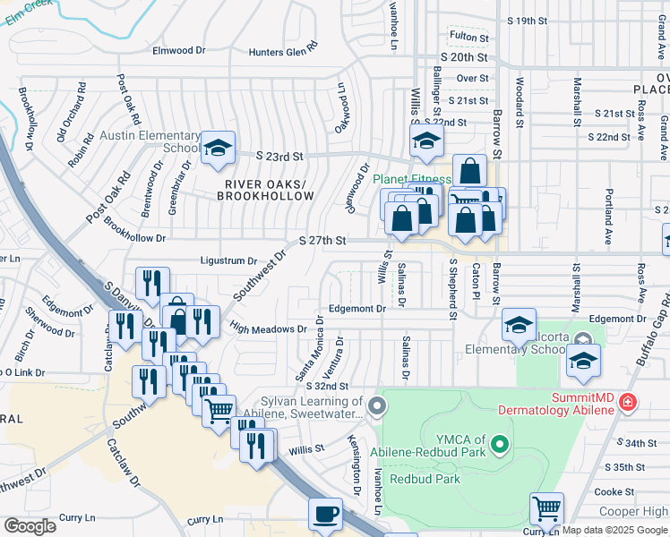 map of restaurants, bars, coffee shops, grocery stores, and more near 3441 Santa Monica Drive in Abilene