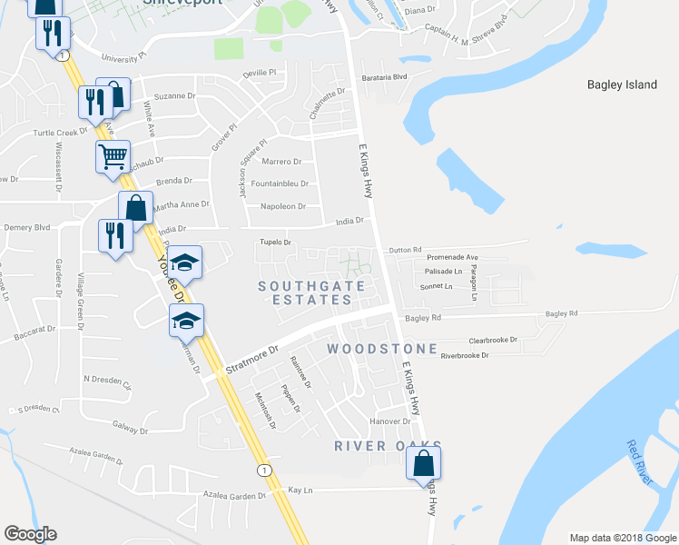 map of restaurants, bars, coffee shops, grocery stores, and more near 117 Settlers Bend in Shreveport