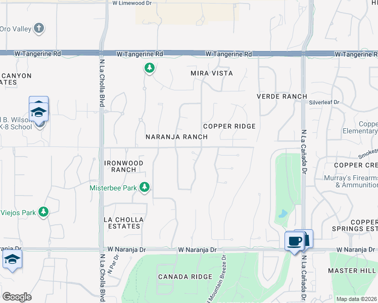 map of restaurants, bars, coffee shops, grocery stores, and more near 11576 La Tanya Drive in Tucson