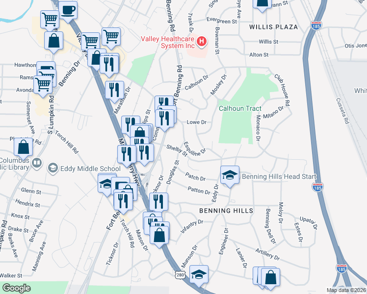 map of restaurants, bars, coffee shops, grocery stores, and more near 50 Douglas Street in Columbus