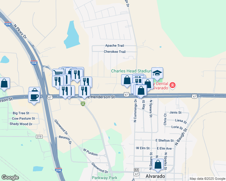 map of restaurants, bars, coffee shops, grocery stores, and more near 906-910 E Henderson St in Alvarado