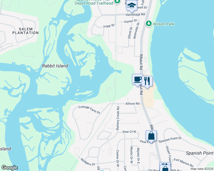 map of restaurants, bars, coffee shops, grocery stores, and more near 3 Rising Tide Drive in Beaufort