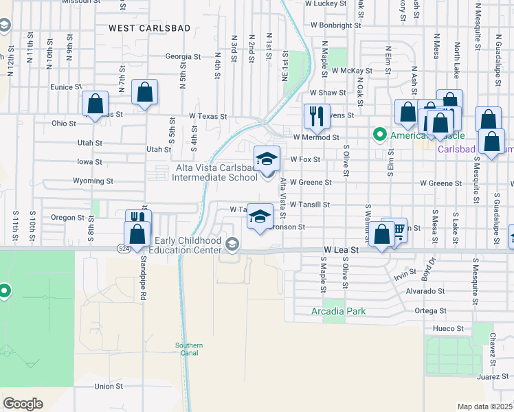 map of restaurants, bars, coffee shops, grocery stores, and more near 1616 West Tansill Street in Carlsbad