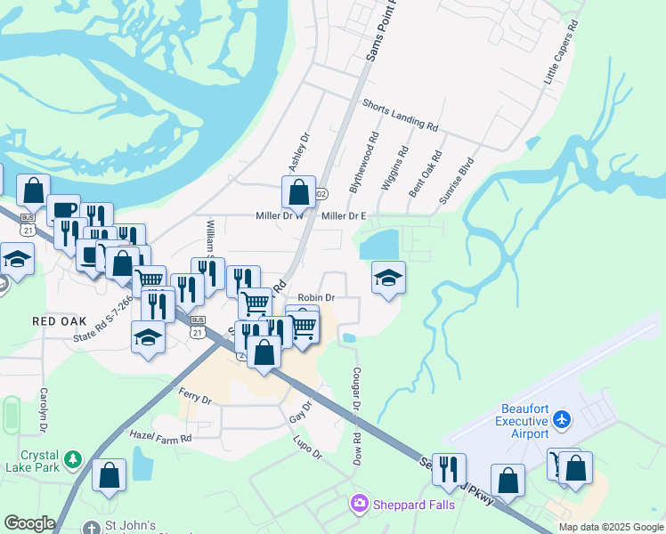 map of restaurants, bars, coffee shops, grocery stores, and more near 24 Katy Circle in Beaufort