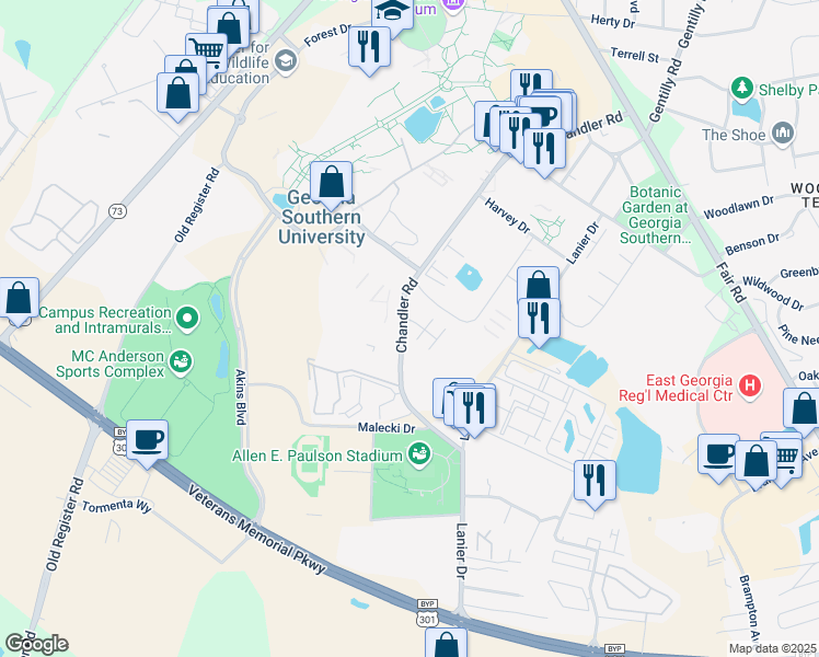 map of restaurants, bars, coffee shops, grocery stores, and more near 1803 Chandler Road in Statesboro