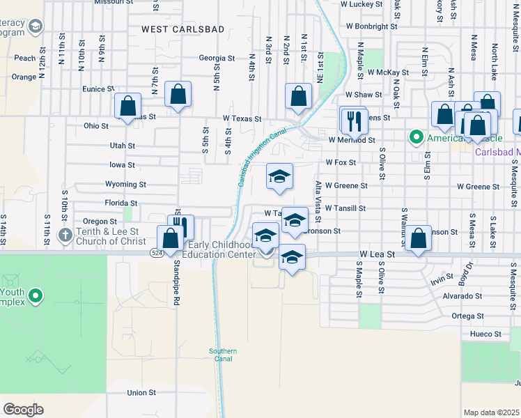 map of restaurants, bars, coffee shops, grocery stores, and more near 1804 West Tansill Street in Carlsbad