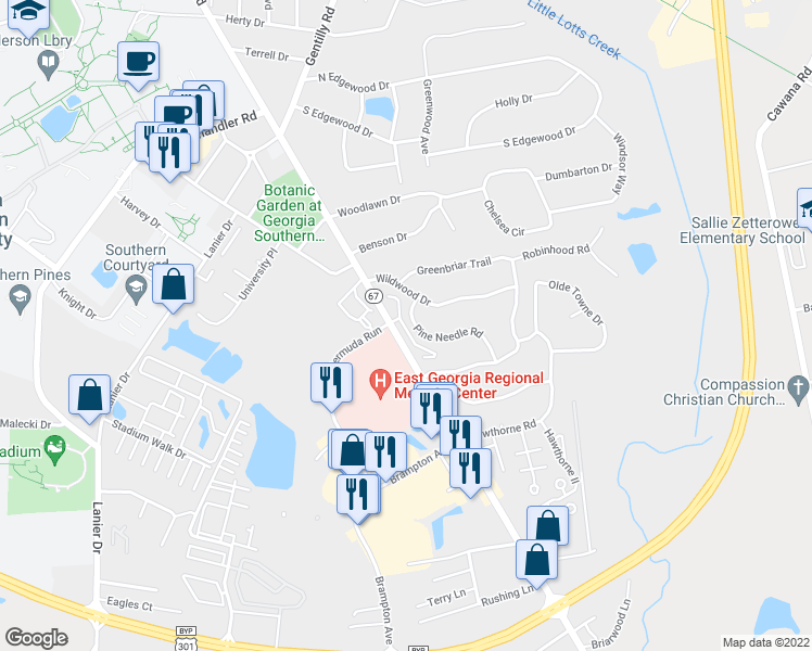 map of restaurants, bars, coffee shops, grocery stores, and more near 3 Greenbriar Apartments in Statesboro
