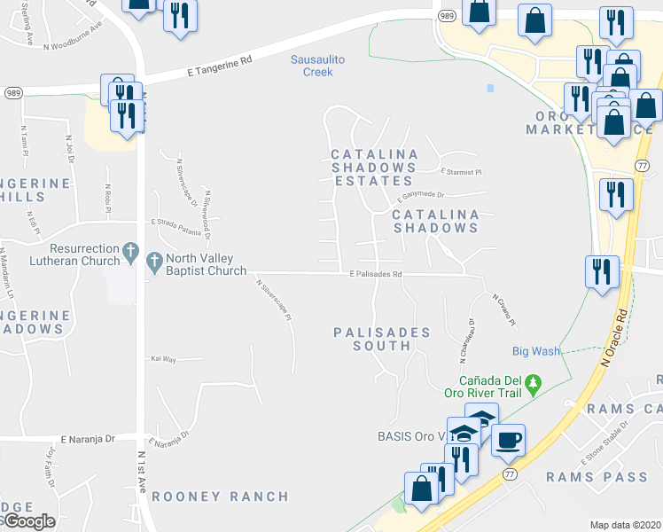 map of restaurants, bars, coffee shops, grocery stores, and more near 1340 East Equinox Place in Tucson