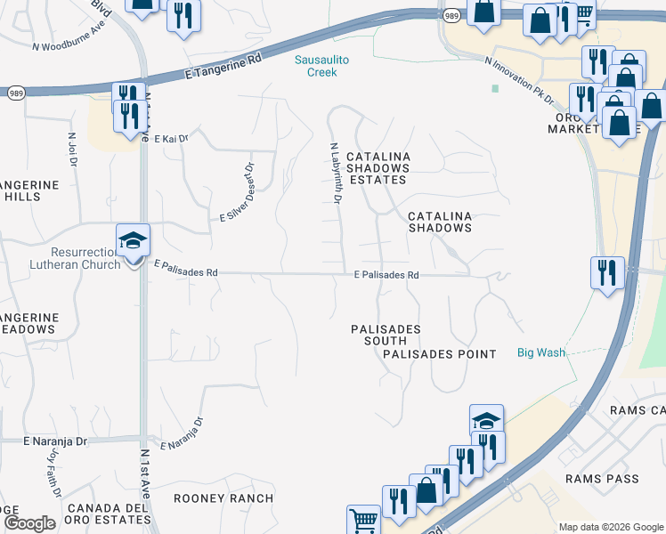 map of restaurants, bars, coffee shops, grocery stores, and more near 1340 East Equinox Place in Tucson