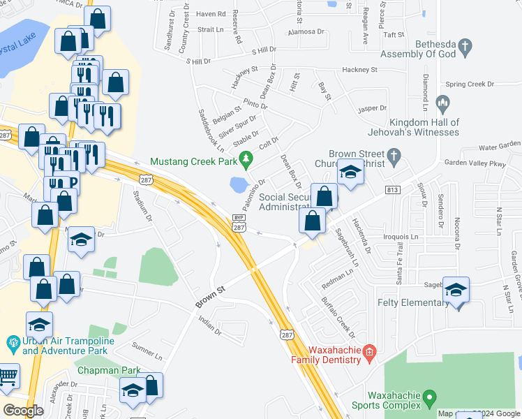 map of restaurants, bars, coffee shops, grocery stores, and more near 200 Cheyenne Drive in Waxahachie