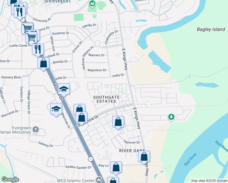 map of restaurants, bars, coffee shops, grocery stores, and more near 37 Chimney Stone Way in Shreveport