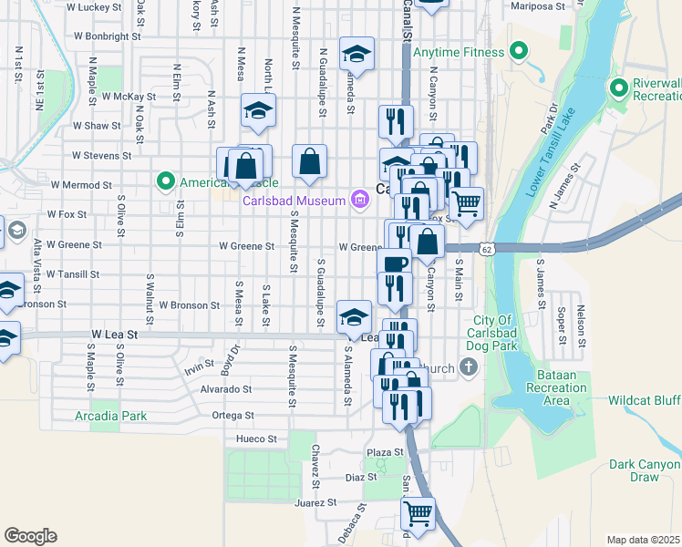 map of restaurants, bars, coffee shops, grocery stores, and more near 504 West Tansill Street in Carlsbad