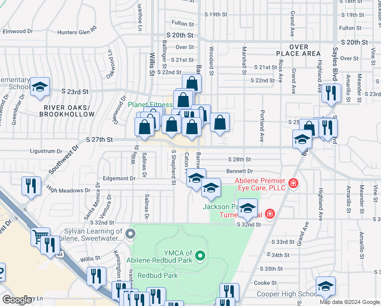 map of restaurants, bars, coffee shops, grocery stores, and more near 2729 Caton Place in Abilene