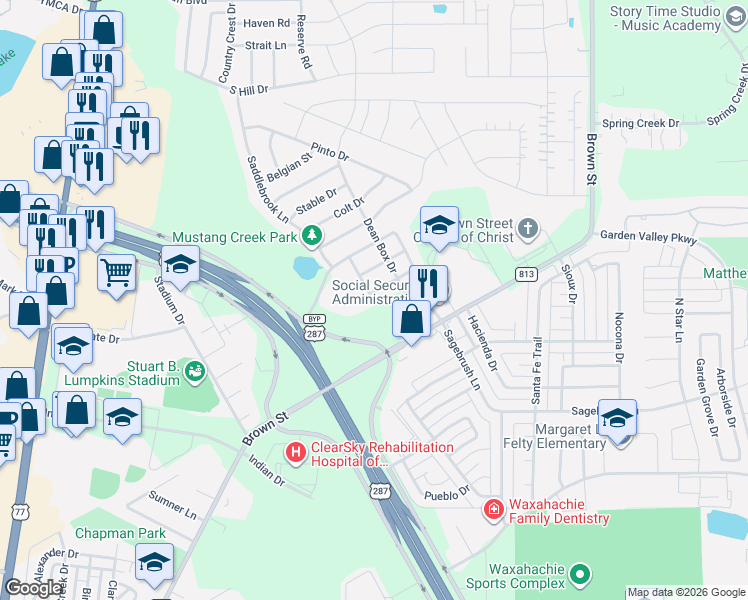 map of restaurants, bars, coffee shops, grocery stores, and more near 202 Cheyenne Drive in Waxahachie