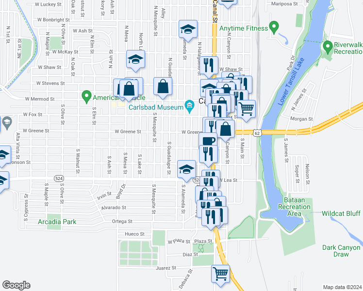 map of restaurants, bars, coffee shops, grocery stores, and more near 313 South Alameda Street in Carlsbad
