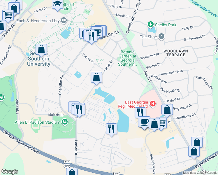 map of restaurants, bars, coffee shops, grocery stores, and more near 21 University Place in Statesboro