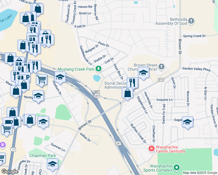 map of restaurants, bars, coffee shops, grocery stores, and more near 200 Cheyenne Drive in Waxahachie