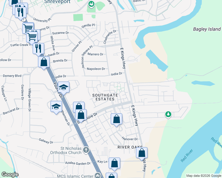 map of restaurants, bars, coffee shops, grocery stores, and more near 37 Chimney Stone Way in Shreveport