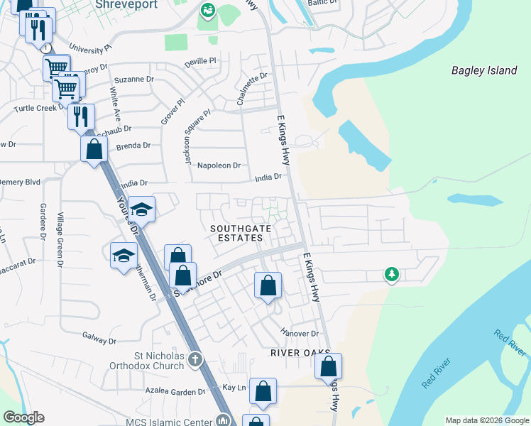 map of restaurants, bars, coffee shops, grocery stores, and more near 186 Settlers Bend in Shreveport