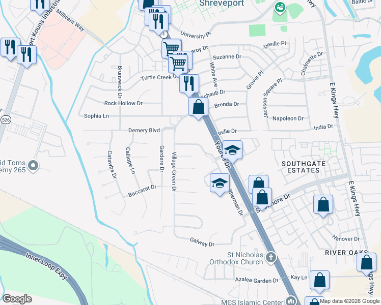 map of restaurants, bars, coffee shops, grocery stores, and more near 417 Coventry Court in Shreveport