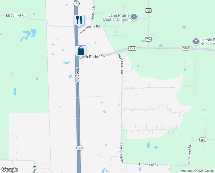 map of restaurants, bars, coffee shops, grocery stores, and more near 3601 Dove Creek Road in Cleburne