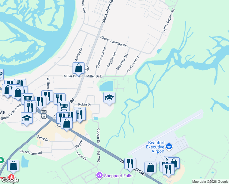 map of restaurants, bars, coffee shops, grocery stores, and more near 30 Cougar Drive in Beaufort