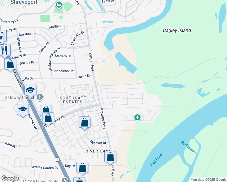 map of restaurants, bars, coffee shops, grocery stores, and more near 106 Palladium Lane in Shreveport