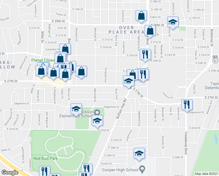 map of restaurants, bars, coffee shops, grocery stores, and more near 2533 South 27th Street in Abilene