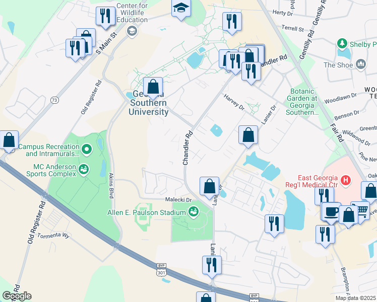 map of restaurants, bars, coffee shops, grocery stores, and more near 1801 Chandler Road in Statesboro