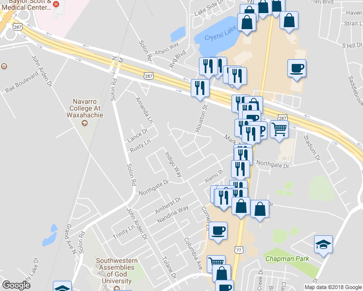map of restaurants, bars, coffee shops, grocery stores, and more near 108 Noel Avenue in Waxahachie
