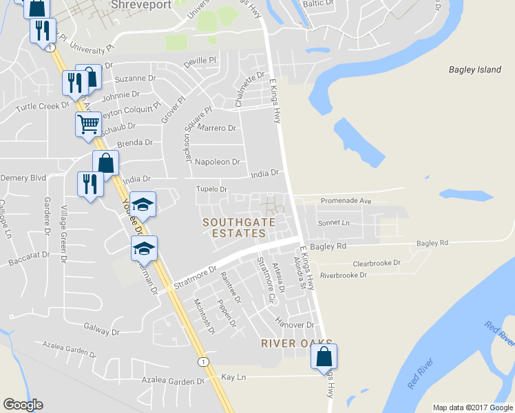 map of restaurants, bars, coffee shops, grocery stores, and more near 177 Settlers Bend in Shreveport