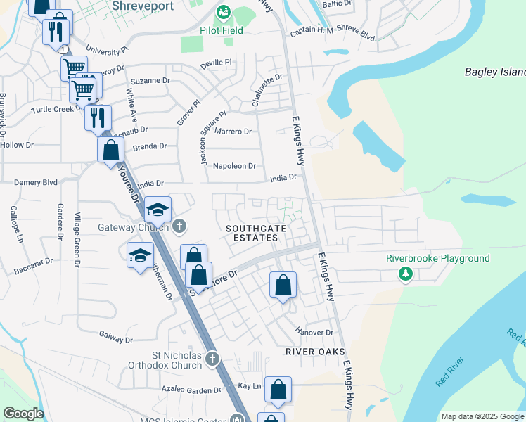 map of restaurants, bars, coffee shops, grocery stores, and more near 278 Settlers Park Drive in Shreveport