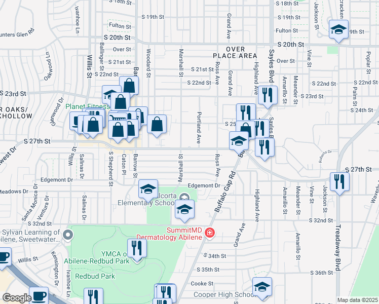 map of restaurants, bars, coffee shops, grocery stores, and more near 2709 South 27th Street in Abilene