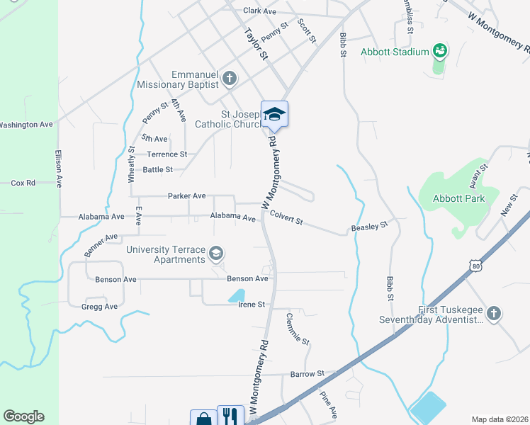 map of restaurants, bars, coffee shops, grocery stores, and more near 2401-2447 West Montgomery Road in Tuskegee