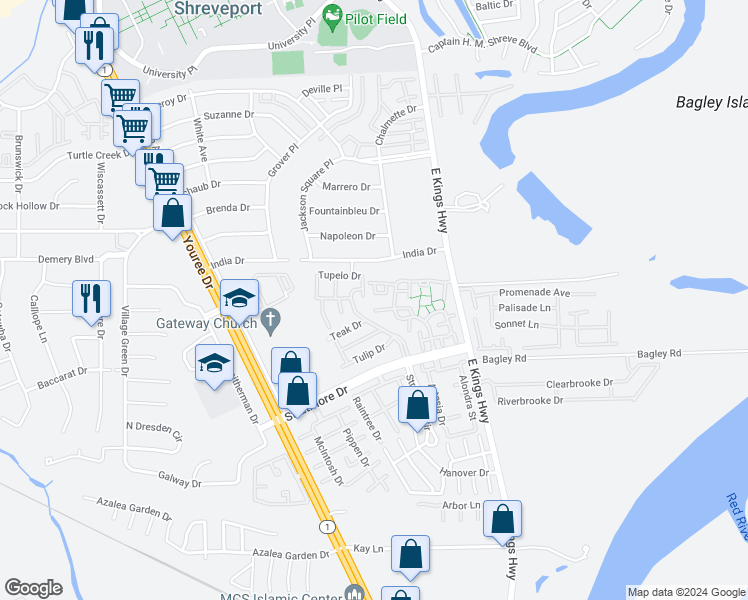 map of restaurants, bars, coffee shops, grocery stores, and more near 261 Settlers Park Drive in Shreveport