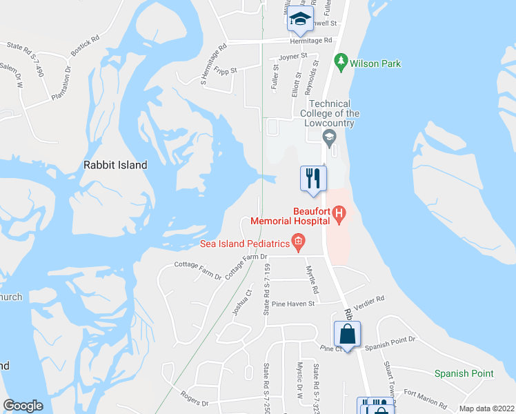 map of restaurants, bars, coffee shops, grocery stores, and more near 3 Rising Tide Drive in Beaufort