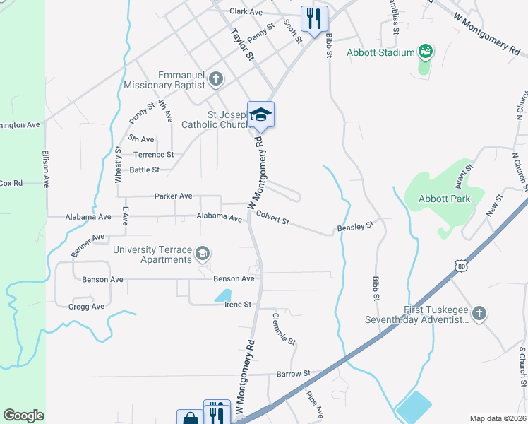 map of restaurants, bars, coffee shops, grocery stores, and more near 2003 Colvert Street in Tuskegee