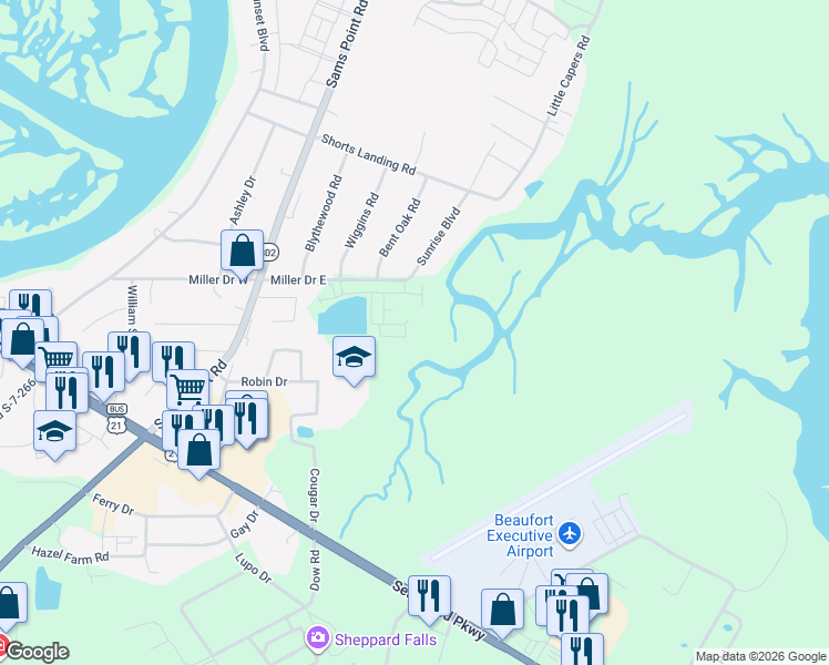 map of restaurants, bars, coffee shops, grocery stores, and more near 44 Miller Drive East in Beaufort