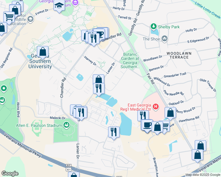 map of restaurants, bars, coffee shops, grocery stores, and more near 19 University Place in Statesboro