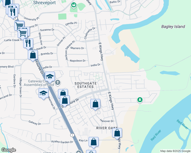 map of restaurants, bars, coffee shops, grocery stores, and more near 67 Colony Bend in Shreveport