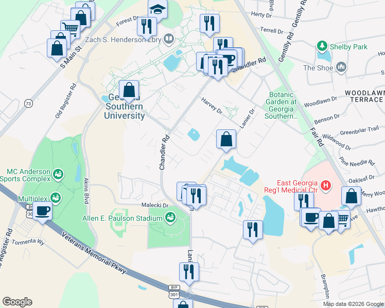 map of restaurants, bars, coffee shops, grocery stores, and more near 391 Knight Drive in Statesboro