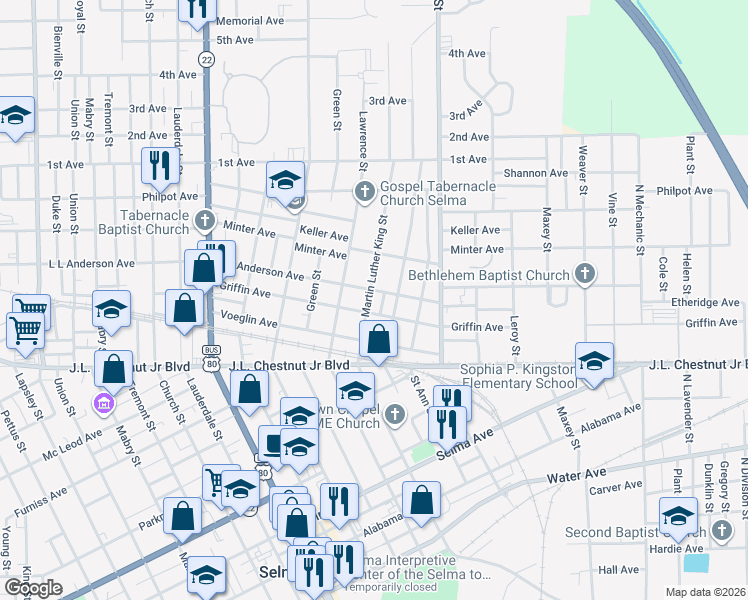 map of restaurants, bars, coffee shops, grocery stores, and more near 1618-1698 Griffin Avenue in Selma