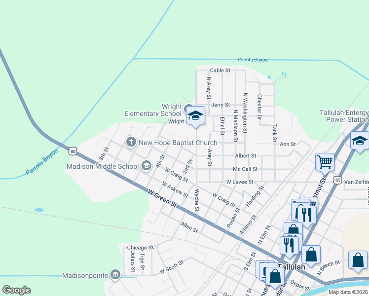 map of restaurants, bars, coffee shops, grocery stores, and more near 501-599 2nd Street in Tallulah