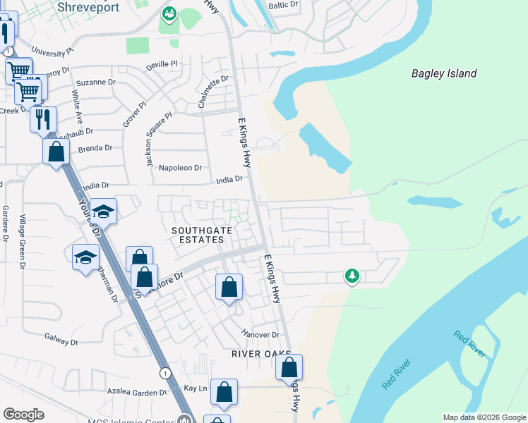 map of restaurants, bars, coffee shops, grocery stores, and more near 320 Colony Bend in Shreveport